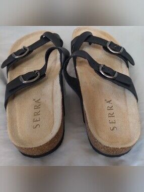 Serra Black Double-Buckle Cork Footbed Sandals